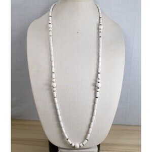 Vintage 70s White Lucite Bead Gold Tone Spacers Hidden Barrel Clasp 36" Necklace